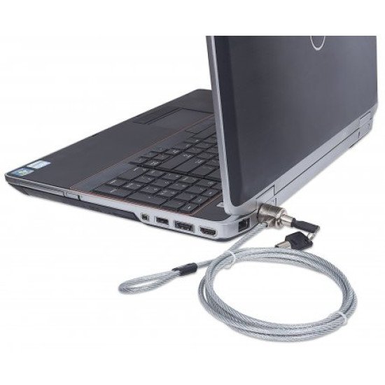 Manhattan Câble antivol pour ordinateur portable (Kensington) avec 2 clés, compatible avec encoche Kensington standard, câble de 1,5 m, acier avec gaine PVC transparente, garantie à vie