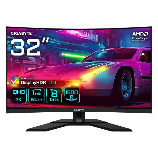GIGABYTE M32QC Moniteur de jeu incurvé 31,5" QHD - 2560 x 1440, 1500R, 165Hz, 1ms, 350 cd/m², FreeSync Premium Pro, Display HDR400, HDMI 2.0, DisplayPort 1.2