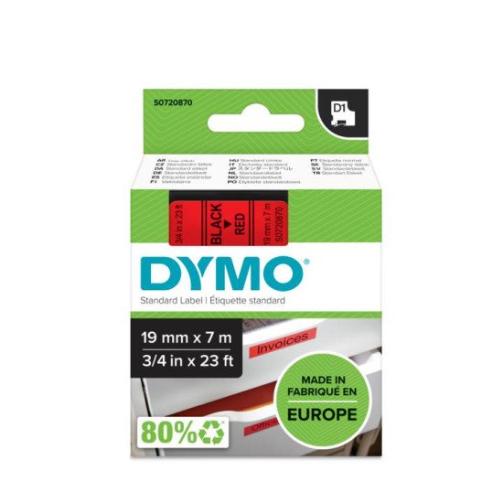 DYMO D1 - Standard Étiquettes - Noir sur rouge - 19mm x 7m