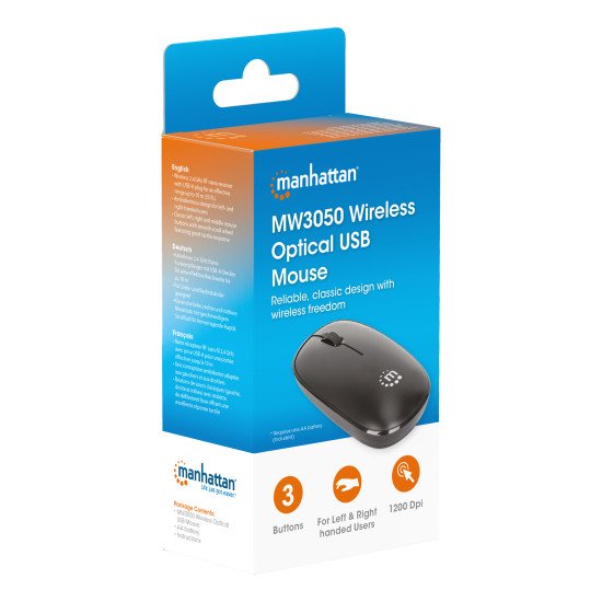 Manhattan Souris optique sans fil MW3050, noire, 1200 dpi, 2,4 GHz (jusqu'à 10 m), USB, ambidextre, 3 boutons avec molette, récepteur USB-A nano, pile AA incluse, garantie 3 ans