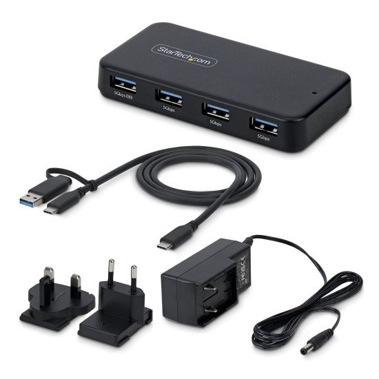 StarTech.com Hub USB-A à 4 Ports, 5 Gbps, Auto-Alimenté, Câble Hôte USB-C et USB-A 2 en 1, 1 Port de Chargement BC 1.2, Adaptateur Secteur 24W Inclus, MacBook et Windows