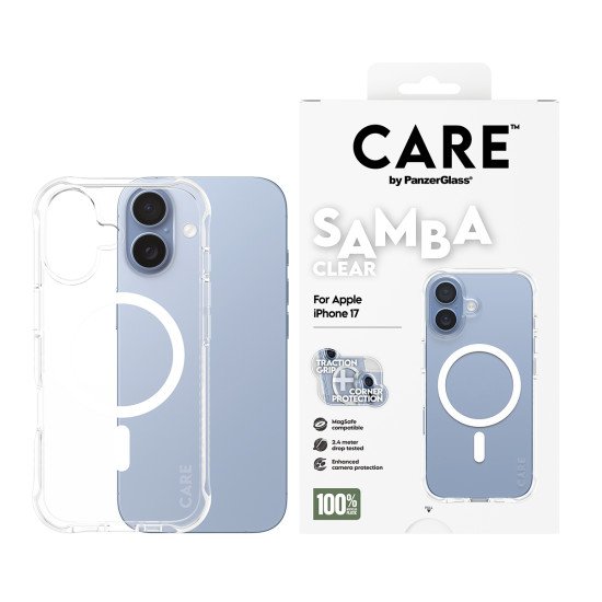 PanzerGlass CARE by ® Fashionable Case Samba Transparent w. White MagSafe iPhone 17 coque de protection pour téléphones portables Housse PanzerGlass CARE by ® Fashionable Case Samba Transparent w. White MagSafe iPhone 17 coque de protection pour téléphones portables Housse