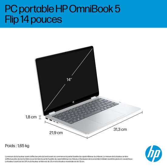 HP OmniBook 5 Flip 14-fp0742nb Intel® Core™ i3 i3-1315U Hybride (2-en-1) 35,6 cm (14") Écran tactile 2K 8 Go LPDDR5-SDRAM 512 Go SSD Wi-Fi 6 (802.11ax) Windows 11 Home Argent