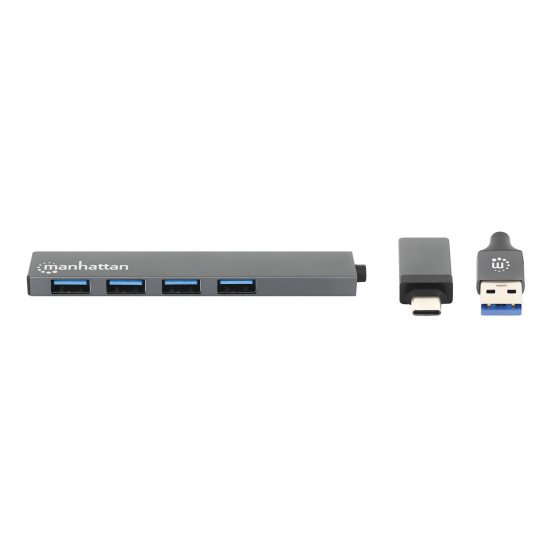 Manhattan Dock/hub combo USB-C & USB-A, 4 ports : 4x USB-A, 5 Gbit/s (USB 3.0), Alimenté par USB (aucune alimentation externe requise), câble 25 cm