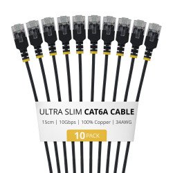 StarTech.com Câble Ethernet Cat6A Noir Ultra-Fin de 15cm, Lot de 10, UTP, Fil de Cuivre Nu Pur, Câble Patch Réseau RJ45 Ultra-Fin 34 AWG, Testé Individuellement