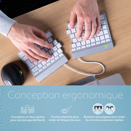 R-Go Tools Clavier ergonomique R-Go Split Break avec logiciel de pause, clavier ergonomique divisé, AZERTY (BE), bluetooth, blanc
