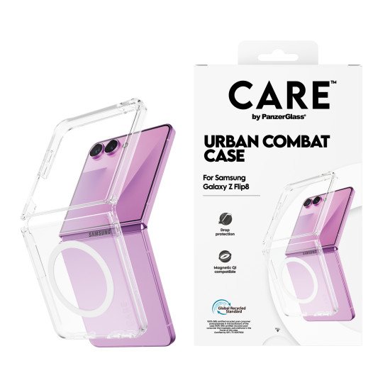PanzerGlass CARE™ by ® Urban Combat Case Transparent w. White Qi Samsung Galaxy Z Flip7 | Z Flip8 coque de protection pour téléphones portables Housse