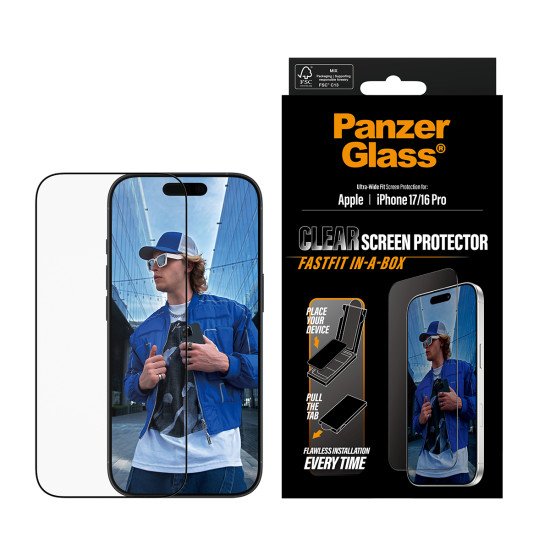 PanzerGlass ® Screen Protector w. Black Frame iPhone 17 | iPhone 16 Pro | Ultra-Wide Fit w. FASTFIT IN-A-BOX Protection d'écran transparent Apple 1 pièce(s) PanzerGlass ® Screen Protector w. Black Frame iPhone 17 | iPhone 16 Pro | Ultra-Wide Fit w. FASTFIT IN-A-BOX Protection d'écran transparent Apple 1 pièce(s)