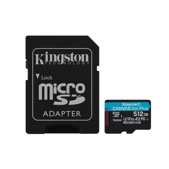 Kingston Technology Carte microSDXC Canvas Go Plus Gen4 200 Mo/s A2 U3 V30 512 Go + adaptateur