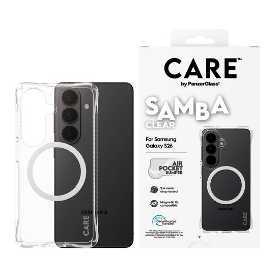 PanzerGlass CARE™ by ® Samba Case Transparent w. White Qi Samsung Galaxy S26 coque de protection pour téléphones portables 16 cm (6.3") Housse