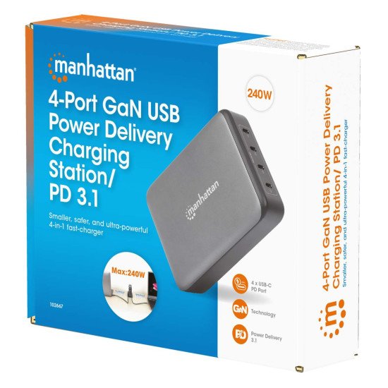 Manhattan Station de charge GaN USB Power Delivery à 4 ports, 240 W / PD 3.1, 4 ports USB-C PD jusqu'à 140 W par port, puissance totale de 240 W, noir