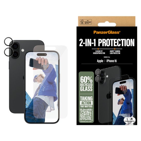 PanzerGlass ® 2-in-1 Bundle iPhone 16 Protection d'écran transparent Apple 1 pièce(s)
