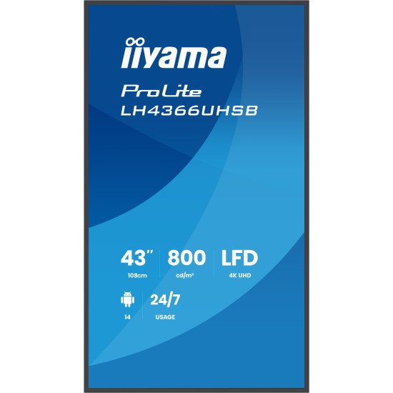 iiyama LH4366UHSB-B1AG Écran d'affichage dynamique Écran plat de signalisation numérique 109,2 cm (43") LCD Wifi 800 cd/m² 4K Ultra HD Noir Intégré dans le processeur Android 24/7