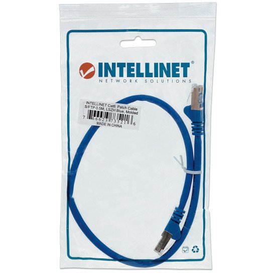 Intellinet Câble patch réseau, Cat6, 0,5 m, bleu, cuivre, S/FTP, LSOH/LSZH, PVC, RJ45, contacts plaqués or, anti-accroc, avec manchon, garantie à vie