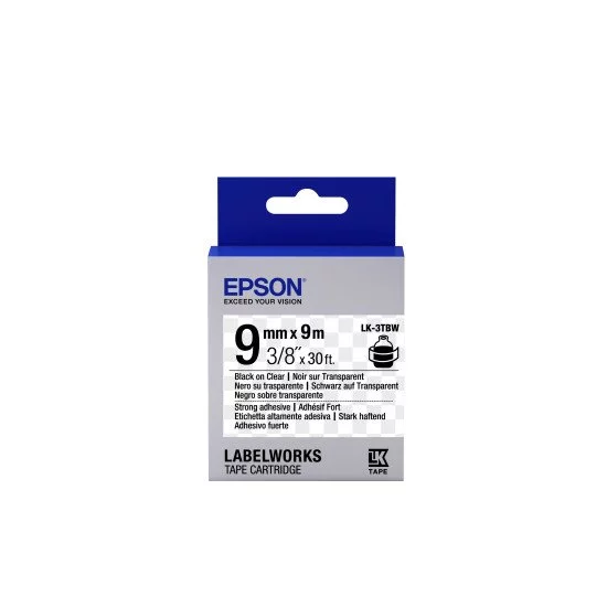 Epson LK-3TBW - Adhésif Fort - Noir sur Transparent - 9mmx9m Epson LK-3TBW - Adhésif Fort - Noir sur Transparent - 9mmx9m