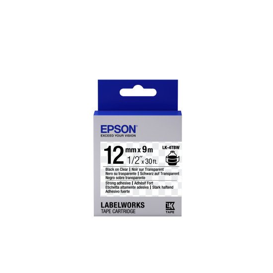 Epson LK-4TBW - Adhésif Fort - Noir sur Transparent - 12mmx9m