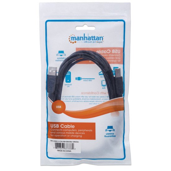 Manhattan Câble USB-A vers USB-B, 3 m, mâle à mâle, 480 Mbit/s (USB 2.0), noir, garantie à vie, équivalent à USB2HAB3M