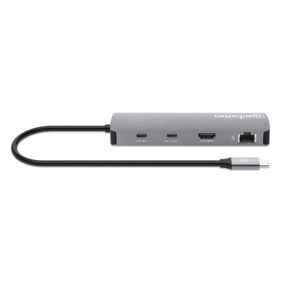 Manhattan Dock/hub USB-C avec lecteur de cartes, 7 ports : Ethernet, HDMI, 3x USB-A + 2x USB-C, avec Power Delivery (PD) 100 W - nécessite un chargeur USB-C externe (non inclus). Alimenté par USB (aucune alimentation externe requise) lorsque le PD n'est p