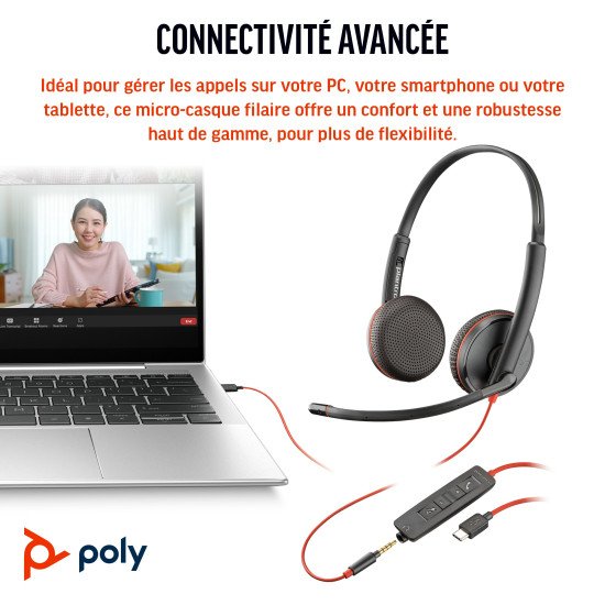 POLY Micro-casque Blackwire 3225 stéréo USB-C + connexion 3,5 mm + adaptateur USB-C/A