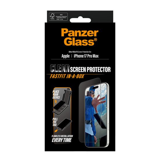 PanzerGlass ® Screen Protector w. Black Frame iPhone 17 Pro Max | Ultra-Wide Fit w. FASTFIT IN-A-BOX Protection d'écran transparent Apple 1 pièce(s) PanzerGlass ® Screen Protector w. Black Frame iPhone 17 Pro Max | Ultra-Wide Fit w. FASTFIT IN-A-BOX Protection d'écran transparent Apple 1 pièce(s)