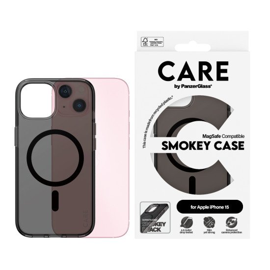 PanzerGlass CARE™ by ® Smokey Case w. Black MagSafe iPhone 15 coque de protection pour téléphones portables Housse Noir