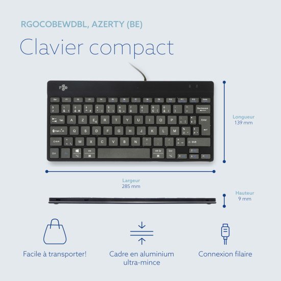 R-Go Tools Clavier ergonomique R-Go Compact Break, clavier compact avec logiciel de pause, AZERTY (BE), filaire, noir