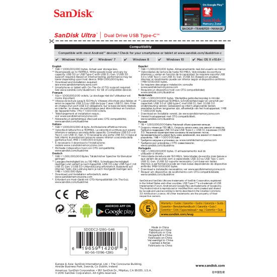 Sandisk Ultra Dual Drive USB Type-C lecteur USB flash 128 Go USB Type-A / USB Type-C 3.2 Gen 1 (3.1 Gen 1) Noir, Argent