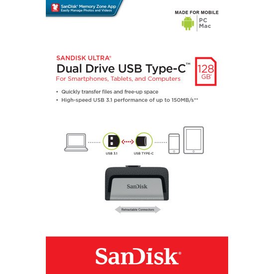 Sandisk Ultra Dual Drive USB Type-C lecteur USB flash 128 Go USB Type-A / USB Type-C 3.2 Gen 1 (3.1 Gen 1) Noir, Argent