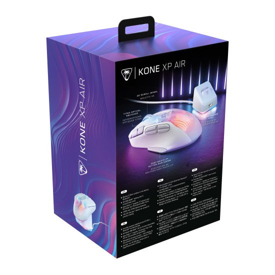 Turtle Beach Kone XP Air - Souris gaming RGB ergonomique, personnalisable et sans fil, Bluetooth, capteur optique 19 000 DPI, autonomie de batterie de 100 heures, station de charge, 29 entrées programmables, éclairage AIMO RGB, molette 4D Blanc