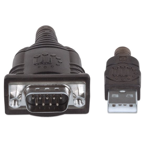 Manhattan Câble convertisseur USB-A vers série RS232/COM/DB9, 45 cm, mâle à mâle, FTDI FT232RL, compatible Windows 11, noir/argent, garantie 3 ans, équivalent à ICUSB2321F
