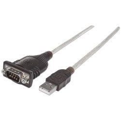 Manhattan Câble convertisseur USB-A vers série RS232/COM/DB9, 45 cm, mâle à mâle, FTDI FT232RL, compatible Windows 11, noir/argent, garantie 3 ans, équivalent à ICUSB2321F