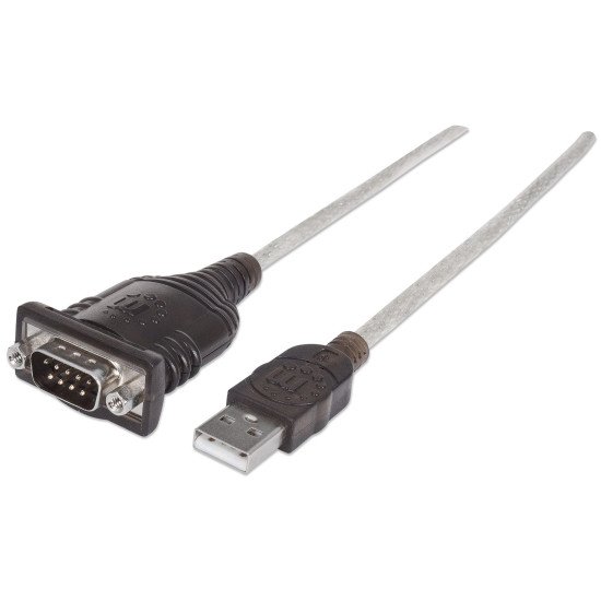 Manhattan Câble convertisseur USB-A vers série RS232/COM/DB9, 45 cm, mâle à mâle, FTDI FT232RL, compatible Windows 11, noir/argent, garantie 3 ans, équivalent à ICUSB2321F