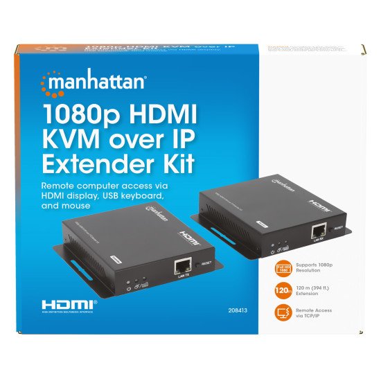 Manhattan Kit d'extension KVM HDMI 1080p sur IP, étend le signal 1080p@60 Hz jusqu'à 120 m via câble Ethernet Cat6 ou réseau IP, émetteur et récepteur, ports USB-A pour PC, souris et clavier, noir, garantie de 3 ans