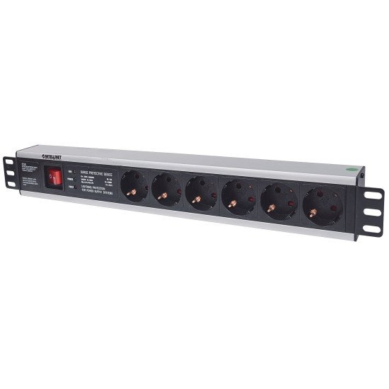 Intellinet Unité de distribution d'alimentation (PDU) 19" 1,5U à 6 prises EU, avec interrupteur marche/arrêt et protection contre les surtensions, prises EU CEE 7/3, câble d'alimentation 3 m, sortie, montage en rack, garantie trois ans