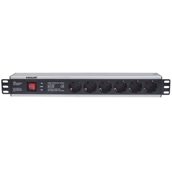 Intellinet Unité de distribution d'alimentation (PDU) 19" 1,5U à 6 prises EU, avec interrupteur marche/arrêt et protection contre les surtensions, prises EU CEE 7/3, câble d'alimentation 3 m, sortie, montage en rack, garantie trois ans