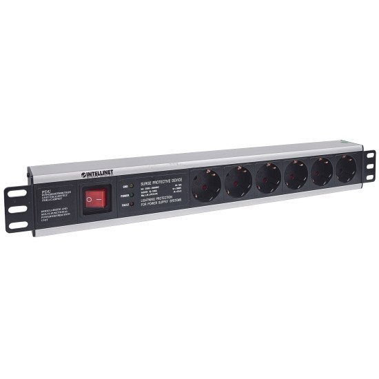 Intellinet Unité de distribution d'alimentation (PDU) 19" 1,5U à 6 prises EU, avec interrupteur marche/arrêt et protection contre les surtensions, prises EU CEE 7/3, câble d'alimentation 3 m, sortie, montage en rack, garantie trois ans