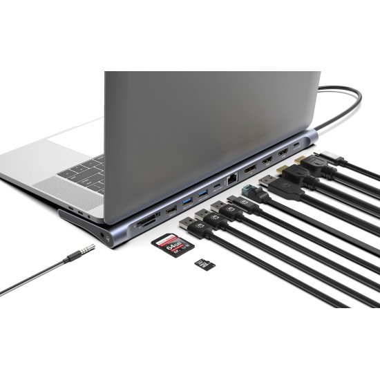 Manhattan Dock/hub USB-C avec lecteur de cartes: audio 3,5 mm, DisplayPort, Ethernet, 2x HDMI, 3x USB-A + 2x USB-C,avec PD 100W - nécessite un chargeur USB-C externe (non inclus).Alimenté par USB (aucune alimentation externe requise) lorsque le PD n'est p