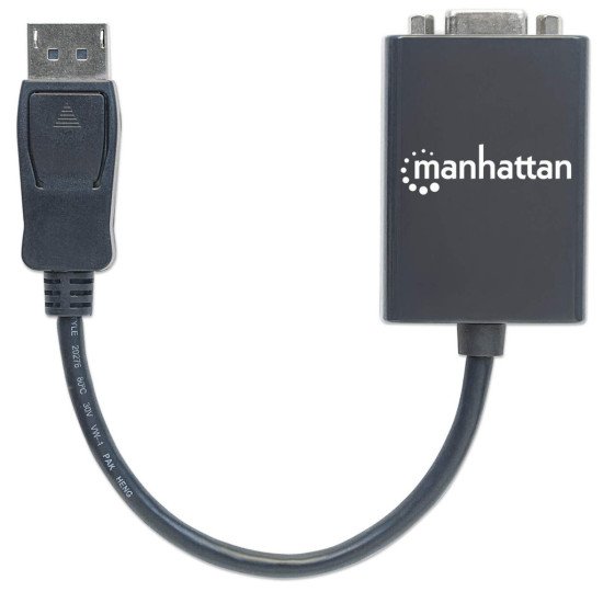 Manhattan Câble convertisseur DisplayPort vers VGA HD15, actif, 15 cm, mâle vers femelle, DP avec verrouillage, noir, garantie à vie, équivalent à DP2VGA2