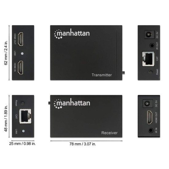 Manhattan Kit d'extension HDMI 1080p sur Ethernet, jusqu'à 50 m avec un seul câble Cat6, modules émetteur et récepteur, compatible IR, garantie de 3 ans