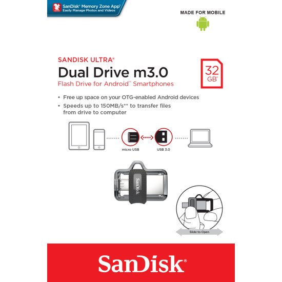 Sandisk Ultra Dual m3.0 lecteur USB flash 32 Go USB Type-A / Micro-USB 3.0 (3.1 Gen 1)