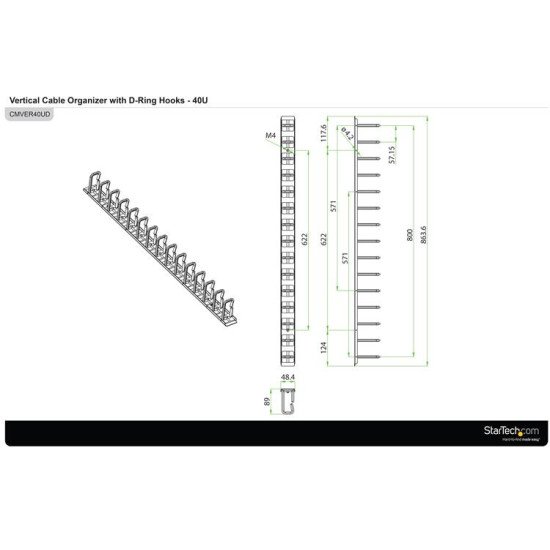 StarTech.com Panneau de gestion de câbles 0U de 1,8 m pour rack - Guide-câbles avec anneaux