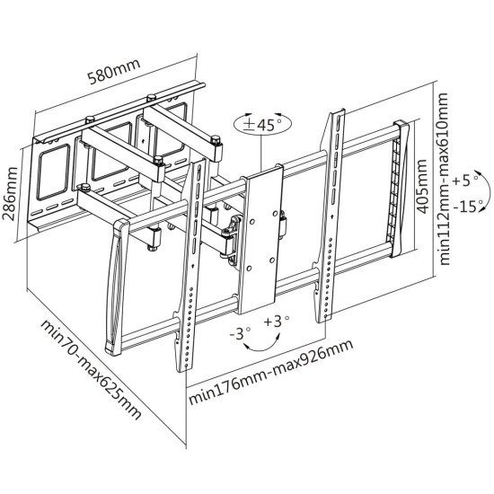 Manhattan Support mural pour TV/moniteurs (Bras articulé), écrans 37" à 100", Compatibilité VESA : de 200x200 à 900x600 mm (vérifiez les dimensions des quatre trous de fixation à l'arrière), charge max. 80 kg, noir
