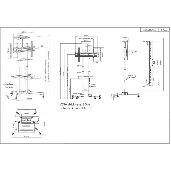 Manhattan Support sur roulettes pour TV/moniteurs, écrans 37" à 65", Compatibilité VESA : de 200x200 à 600x400 mm (vérifiez les dimensions des quatre trous de fixation à l'arrière), charge max. 40 kg, noir