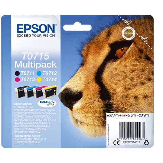 Epson T0715 Pack de 4 Cartouches encre Noir, Cyan, Magenta, Jaune