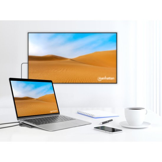 Manhattan Dock/hub USB-C avec lecteur de cartes: audio 3,5 mm, DisplayPort, Ethernet, 2x HDMI, 3x USB-A + 2x USB-C,avec PD 100W - nécessite un chargeur USB-C externe (non inclus).Alimenté par USB (aucune alimentation externe requise) lorsque le PD n'est p