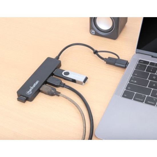 Manhattan Dock/hub combo USB-C & USB-A, 4 ports : 4x USB-A, 5 Gbit/s (USB 3.0), Alimenté par USB (aucune alimentation externe requise)