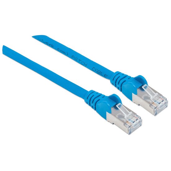 Intellinet Câble patch réseau Cat6A, 10 m, bleu, cuivre, S/FTP, LSOH/LSZH, PVC, RJ45, contacts plaqués or, anti-accroc, avec manchon, garantie à vie