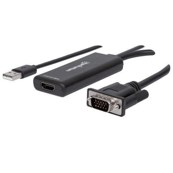 Manhattan Convertisseur VGA + USB-A vers HDMI, vidéo VGA analogique + audio USB vers HDMI numérique, 1920x1080, 1080p@60Hz, couleur 24 bits, 1,65 Gbit/s / 165 MHz, garantie 3 ans