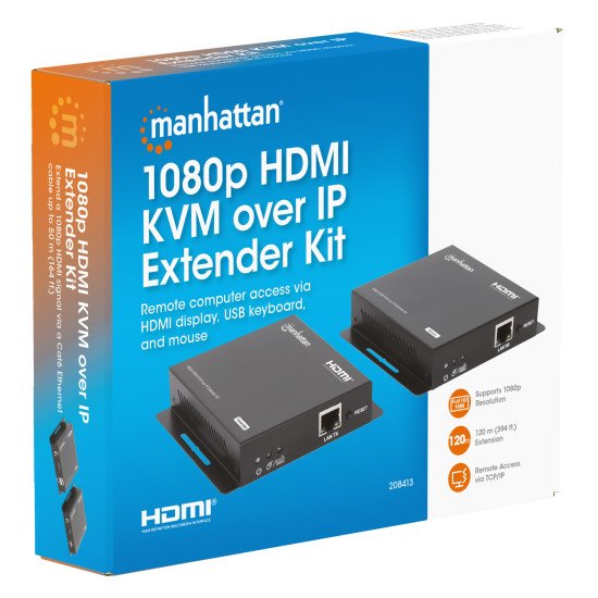 Manhattan Kit d'extension KVM HDMI 1080p sur IP, étend le signal 1080p@60 Hz jusqu'à 120 m via câble Ethernet Cat6 ou réseau IP, émetteur et récepteur, ports USB-A pour PC, souris et clavier, noir, garantie de 3 ans