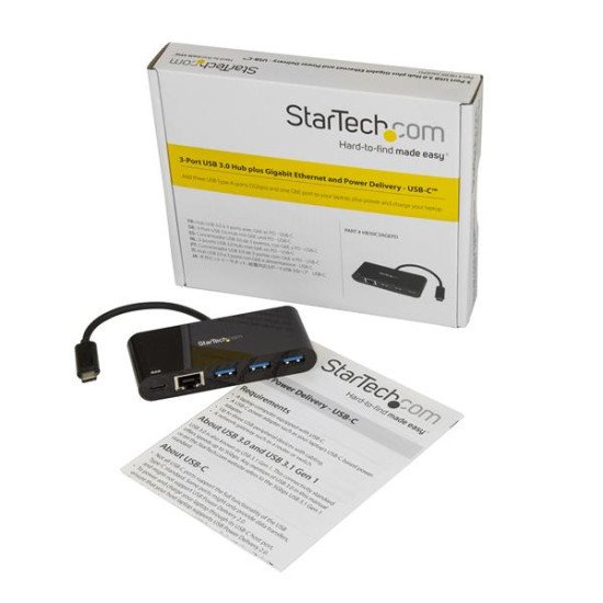 StarTech.com HB30C3AGEPD Hub USB 3.0 à 3 ports avec Gigabit Ethernet et Power Delivery - USB-C